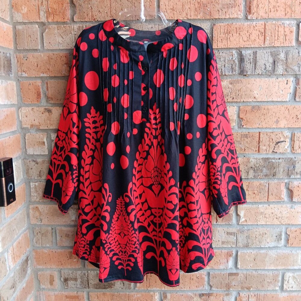 Womens Top Blouse Tunic 3/4 Sleeves Front Pintucks Red Black Size 2XL - Picture 4 of 9